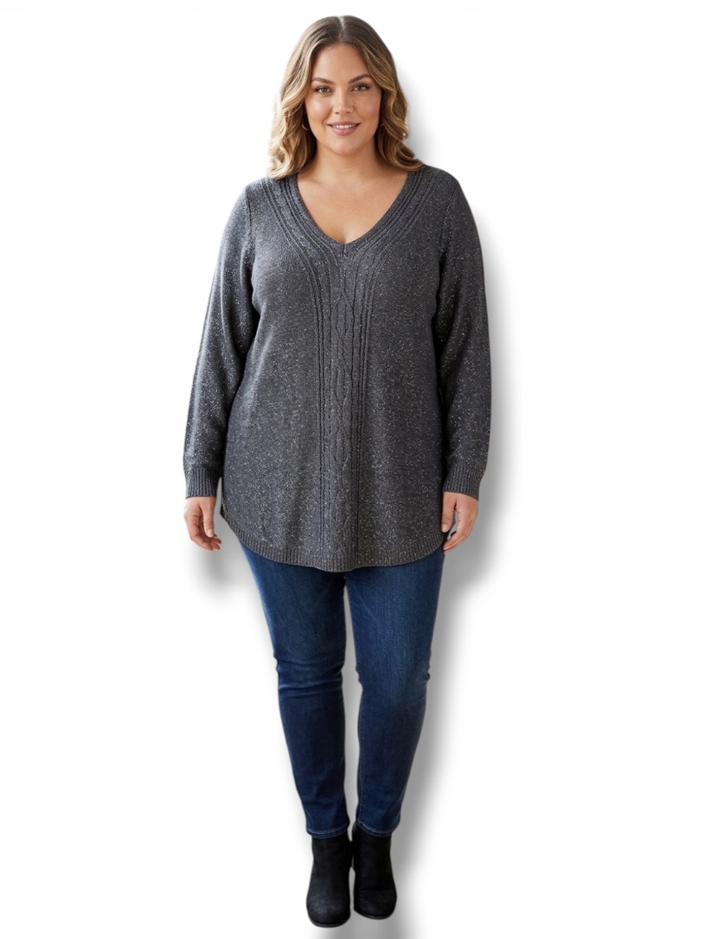 Belldini Sweater V-Neck Women’s Plus Size 3X Dark Gray Silver Sparkle Fall Vibes